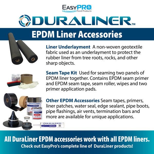 DuraLiner EPDM liner accessories infographic showing underlayment, seam tape kit, primers, patches, pipe boots and other pond liner installation supplies