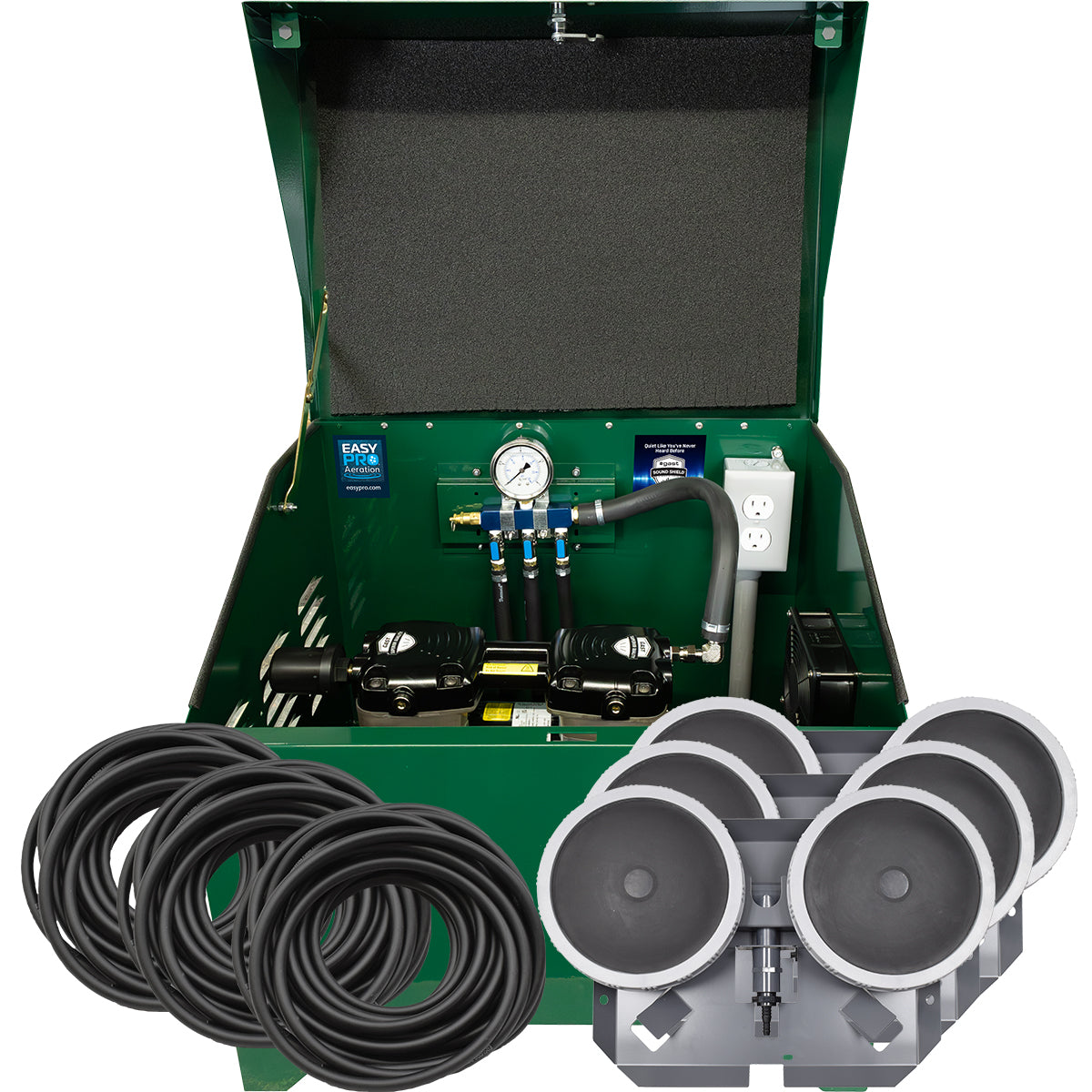 PA83D Sentinel Deluxe Aeration System for Ponds up to 3 Acres – Complete System Contains Stratus™ SRC 3/4hp Compressor with Sound Shield™, Deluxe 22" Cabinet, Three QS2 Diffusers and QuickSink Tubing