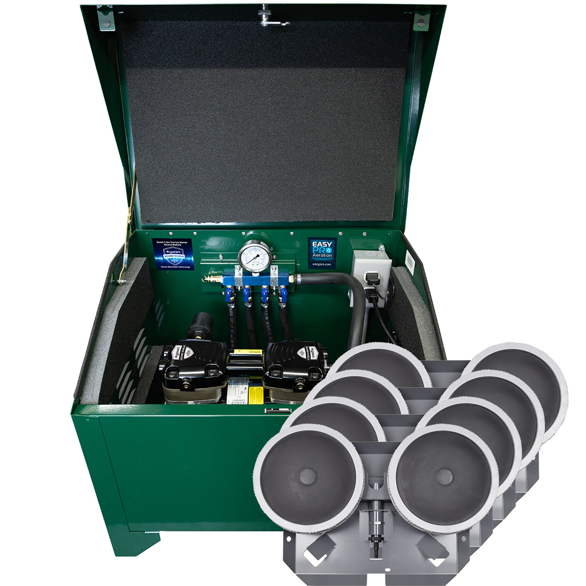 PA86AD Sentinel Deluxe Aeration System for Ponds up to 3 Acres – Complete System Contains Stratus™ SRC 3/4hp Compressor with Sound Shield™, Deluxe 22" Cabinet and Four QS2 Diffusers