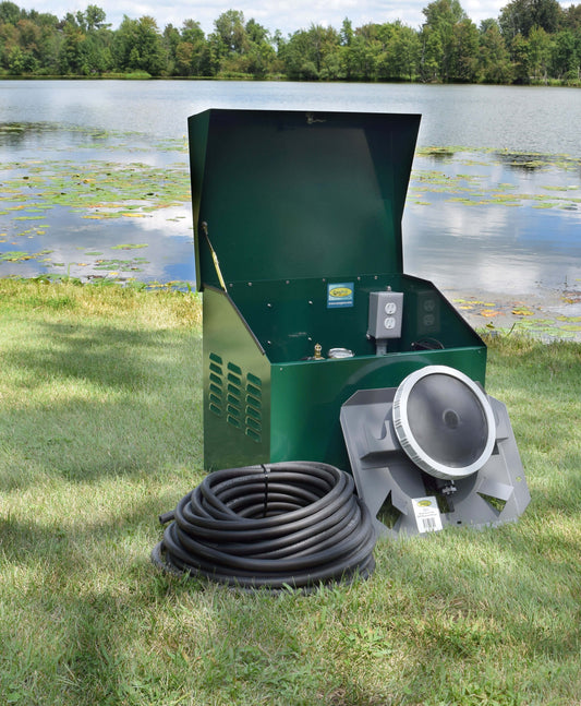 PA34D Sentinel Deluxe Aeration System for Ponds up to 1 Acre – Complete System Contains Stratus™ SRC 1/4hp Compressor with Sound Shield™, Deluxe 22" Cabinet, QS1 Diffuser and QuickSink Tubing