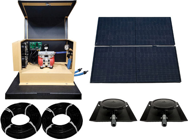 turbo air solar aeration system with Solar panel system with battery box, cables, and mounting brackets on a white background