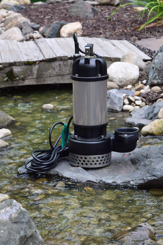 EasyPro TM13502 pump on rock with pond stream and wooden bridge in background