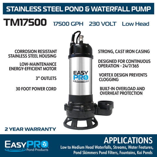 EasyPro TM17500 pump infographic on white background with features and applications