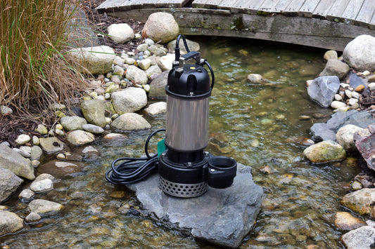 EasyPro TM9502 pump on rock with pond stream and wooden bridge in background