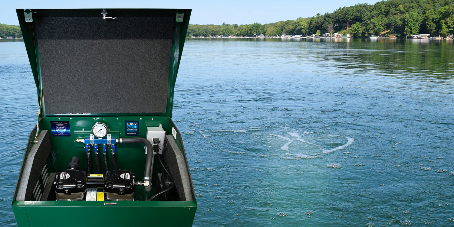 Easy pro aeration system with background of a beautiful lake
