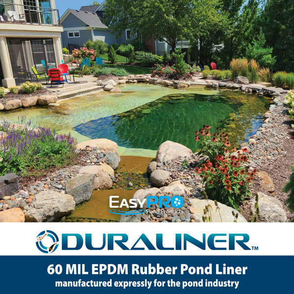 DuraLiner 60 mil EPDM rubber pond liner graphic showing a backyard recreational pond with rock edging, clear water and landscaping
