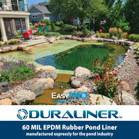 DuraLiner 60 mil EPDM rubber pond liner graphic showing a backyard recreational pond with rock edging, clear water and landscaping
