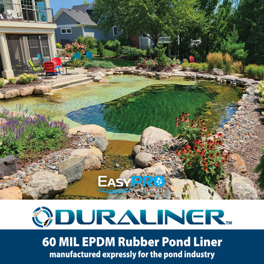 DuraLiner 60 mil EPDM rubber pond liner graphic showing a backyard recreational pond with rock edging, clear water and landscaping