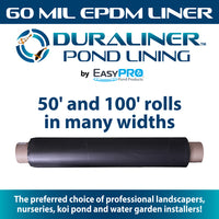 DuraLiner 60 mil EPDM pond liner infographic showing a liner roll available in 50-foot and 100-foot rolls in multiple widths