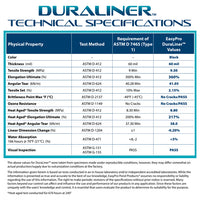 DuraLiner 60 mil EPDM rubber pond liner technical specifications chart showing ASTM test methods and EasyPro performance values