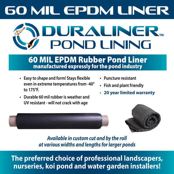 DuraLiner 60 mil EPDM pond liner infographic showing liner roll, folded liner and product benefits including flexibility, puncture resistance and fish-safe pond use