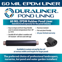 DuraLiner 60 mil EPDM pond liner infographic showing liner roll, folded liner and product benefits including flexibility, puncture resistance and fish-safe pond use