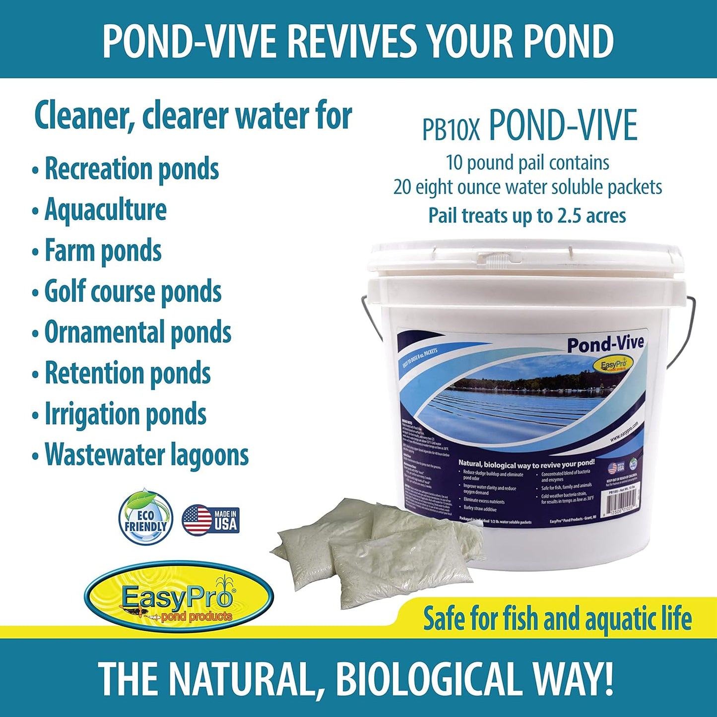 PB10X Lake & Pond-Vive™ Bacteria – 10lb pail – 20ct. 8oz Water Soluble Packs