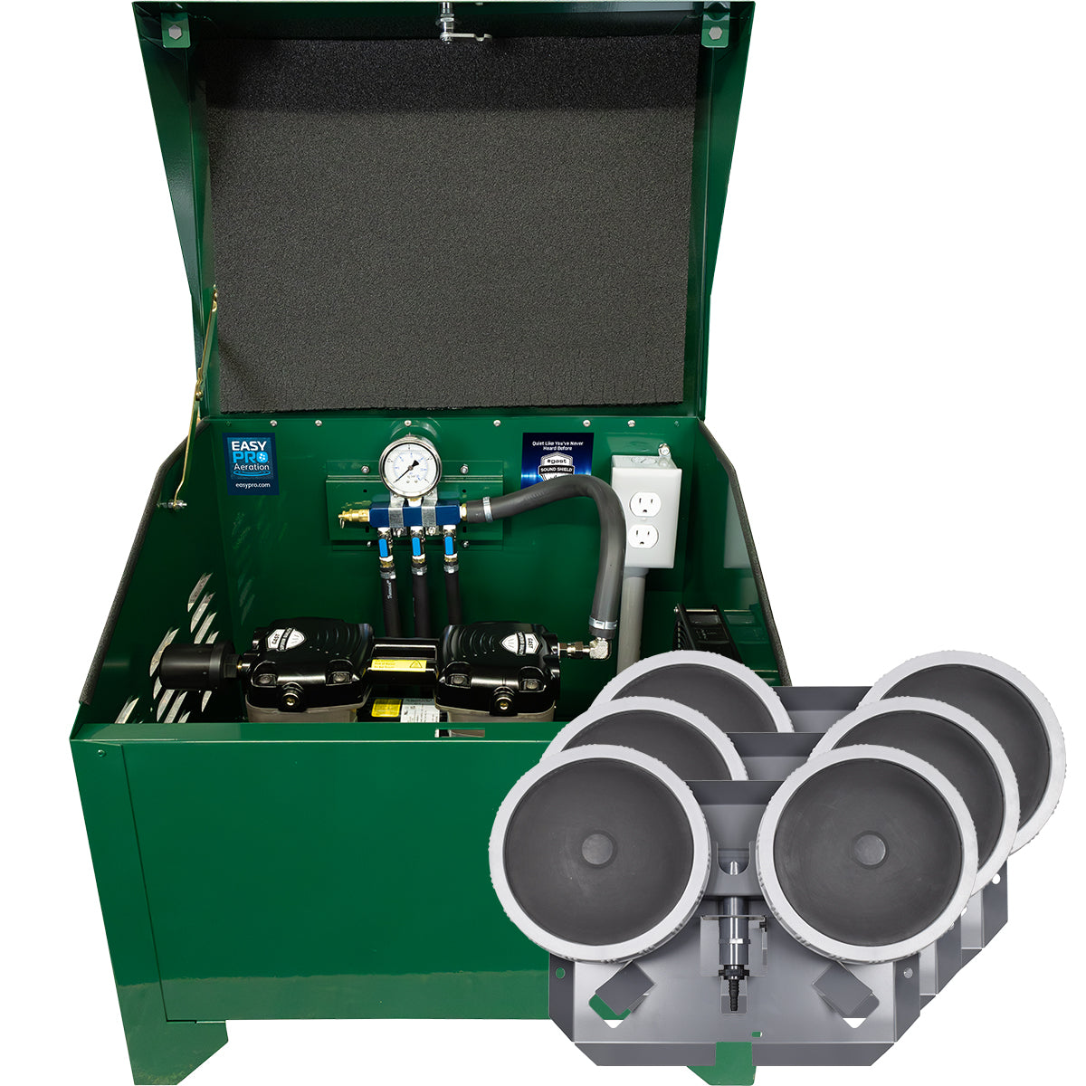 PA83AD Sentinel Deluxe Aeration System for Ponds up to 3 Acres – Complete System Contains Stratus™ SRC 3/4hp Compressor with Sound Shield™, Deluxe 22" Cabinet and Three QS2 Diffusers