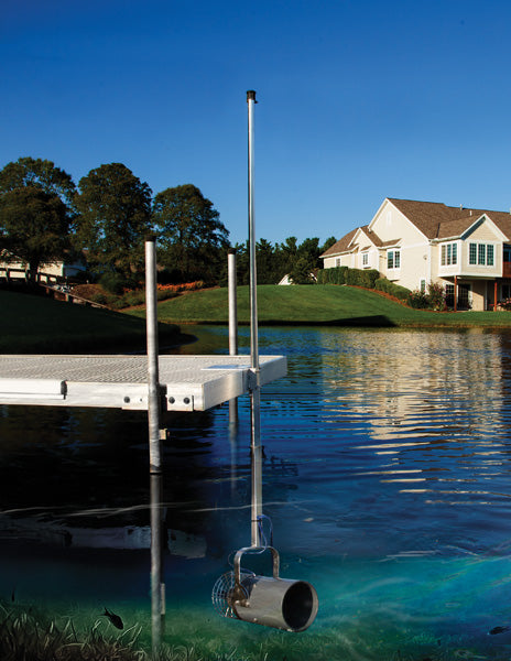 Scott Aerator AquaSweep Muck Blaster water circulator mounted to a dock to move muck, algae and debris near a shoreline