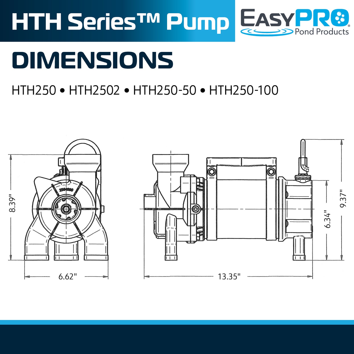 EasyPro HTH Series pump dimension diagram on white background for HTH250 and HTH2502