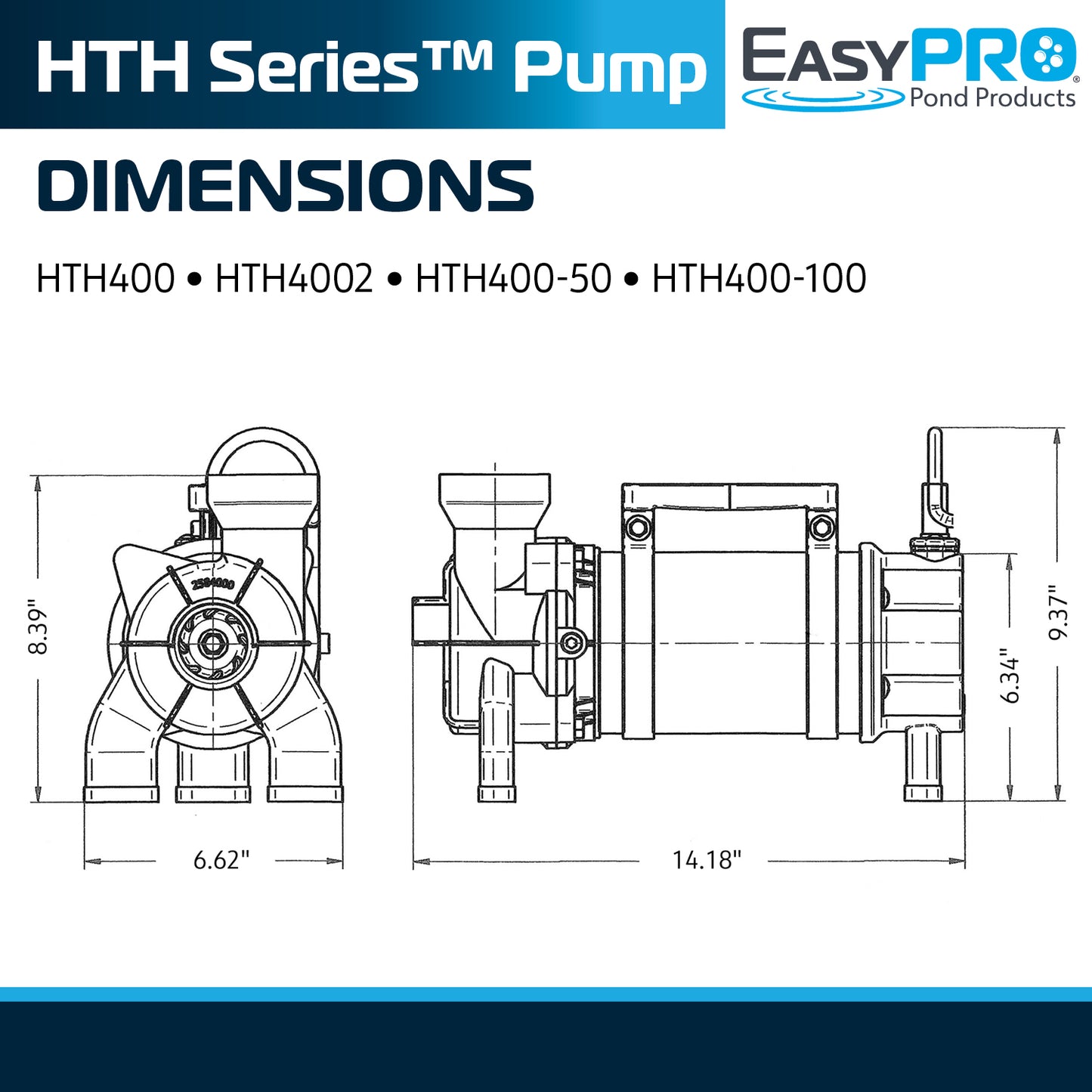 EasyPro HTH Series pump dimension diagram on white background for HTH400 and HTH4002