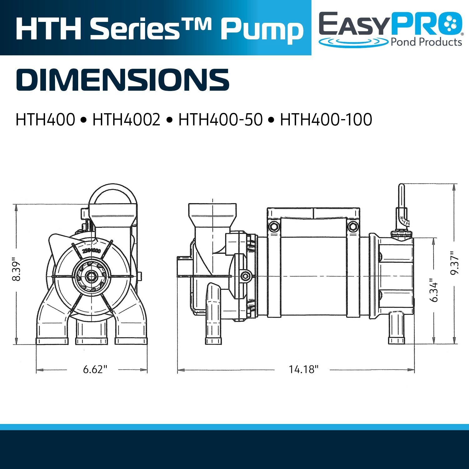 EasyPro HTH Series pump dimension diagram on white background for HTH400 and HTH4002