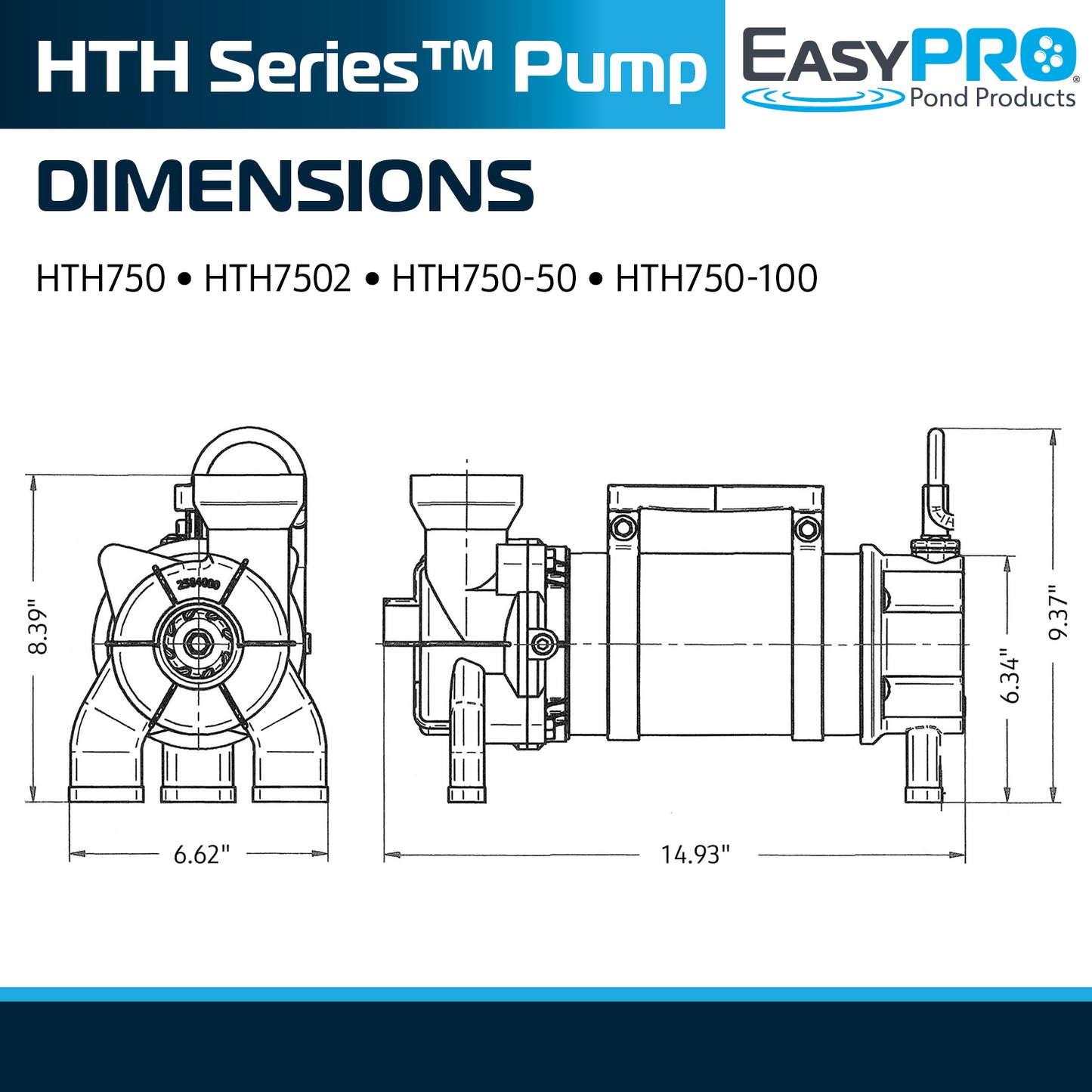 EasyPro HTH Series pump dimension diagram on white background for HTH750 and HTH7502