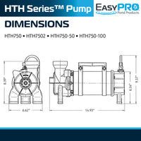 EasyPro HTH Series pump dimension diagram on white background for HTH750 and HTH7502