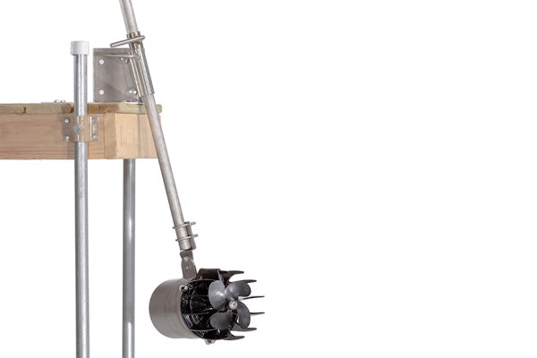 KACDM Kasco Dock Mount Kit securing an AquatiClear water circulator to a wooden dock for shoreline water movement