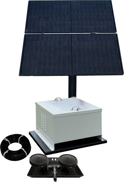 Outdoor Water Solutions NightAir™ battery backup solar aeration system with four solar panels, control cabinet, airline tubing and dual pond diffuser assembly