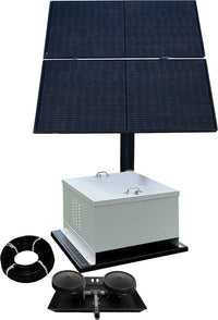 Outdoor Water Solutions NightAir™ battery backup solar aeration system with four solar panels, control cabinet, airline tubing and dual pond diffuser assembly