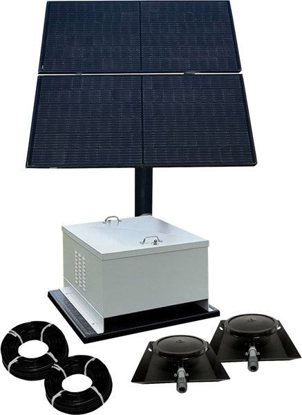 NightAir™ battery backup solar aeration system with four solar panels, control cabinet, two airline coils and dual pond diffuser assemblies.