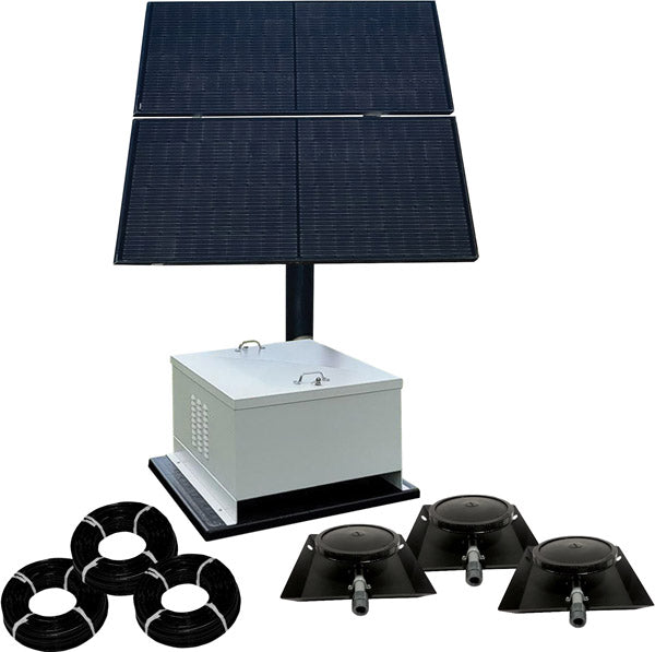 NightAir™ battery backup solar aeration system with four solar panels, control cabinet, three airline coils and triple pond diffuser assemblies.