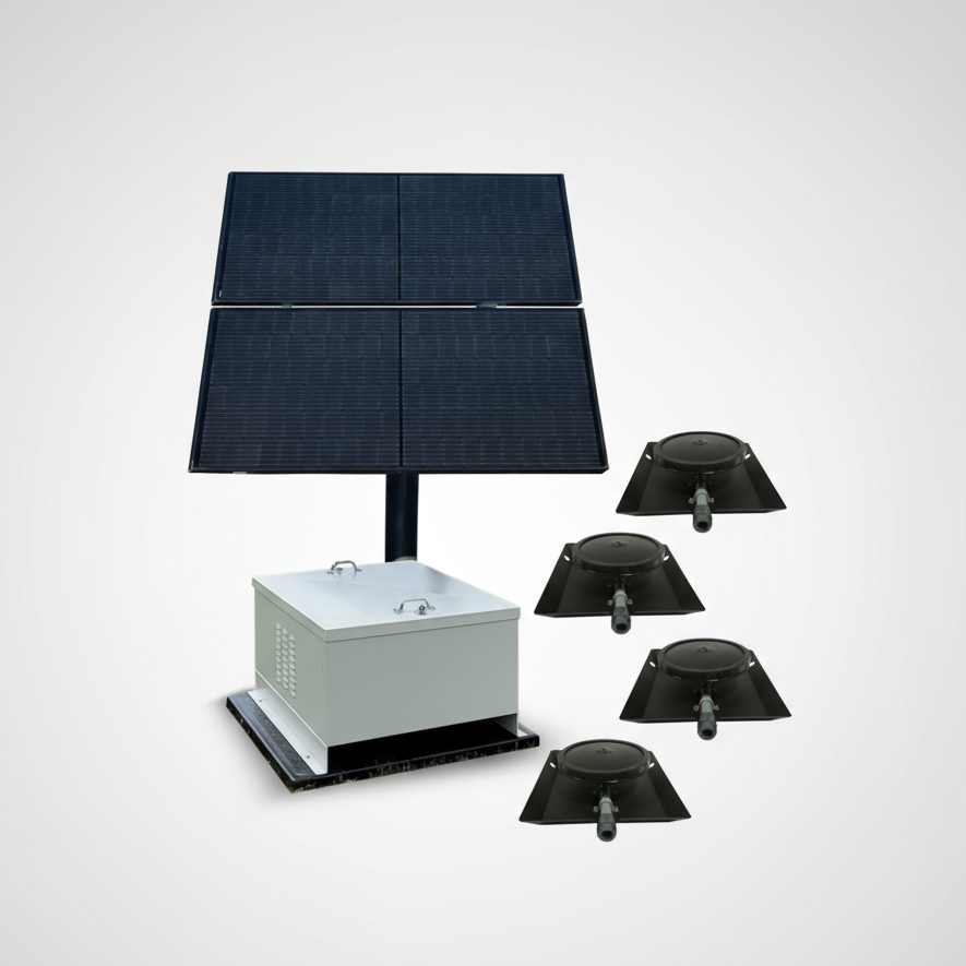 NightAir™ battery backup solar aeration system with four solar panels, control cabinet and four pond diffuser assemblies.