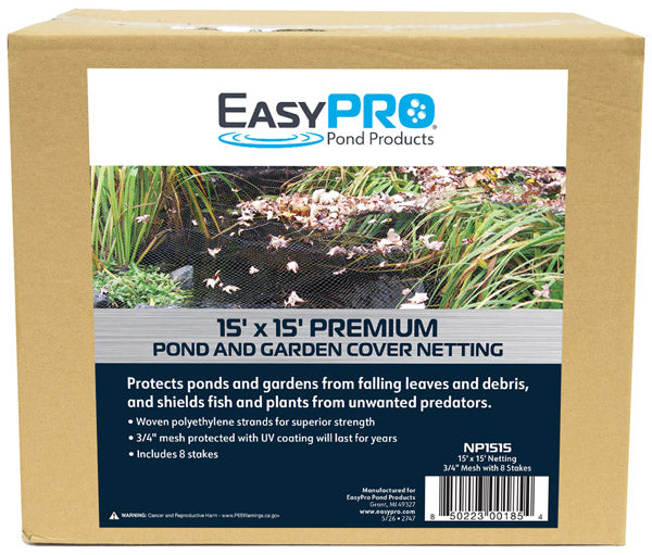 NP1515 3/4" / 15′ X 15′ Prepackaged Premium Pond Cover Netting, Includes 8 Stakes