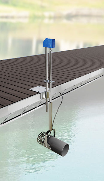 SAQ20 Scott Aerator AquaSweep Oscillator 360 mounted on a dock with AquaSweep Muck Blaster Water Circulator positioned underwater
