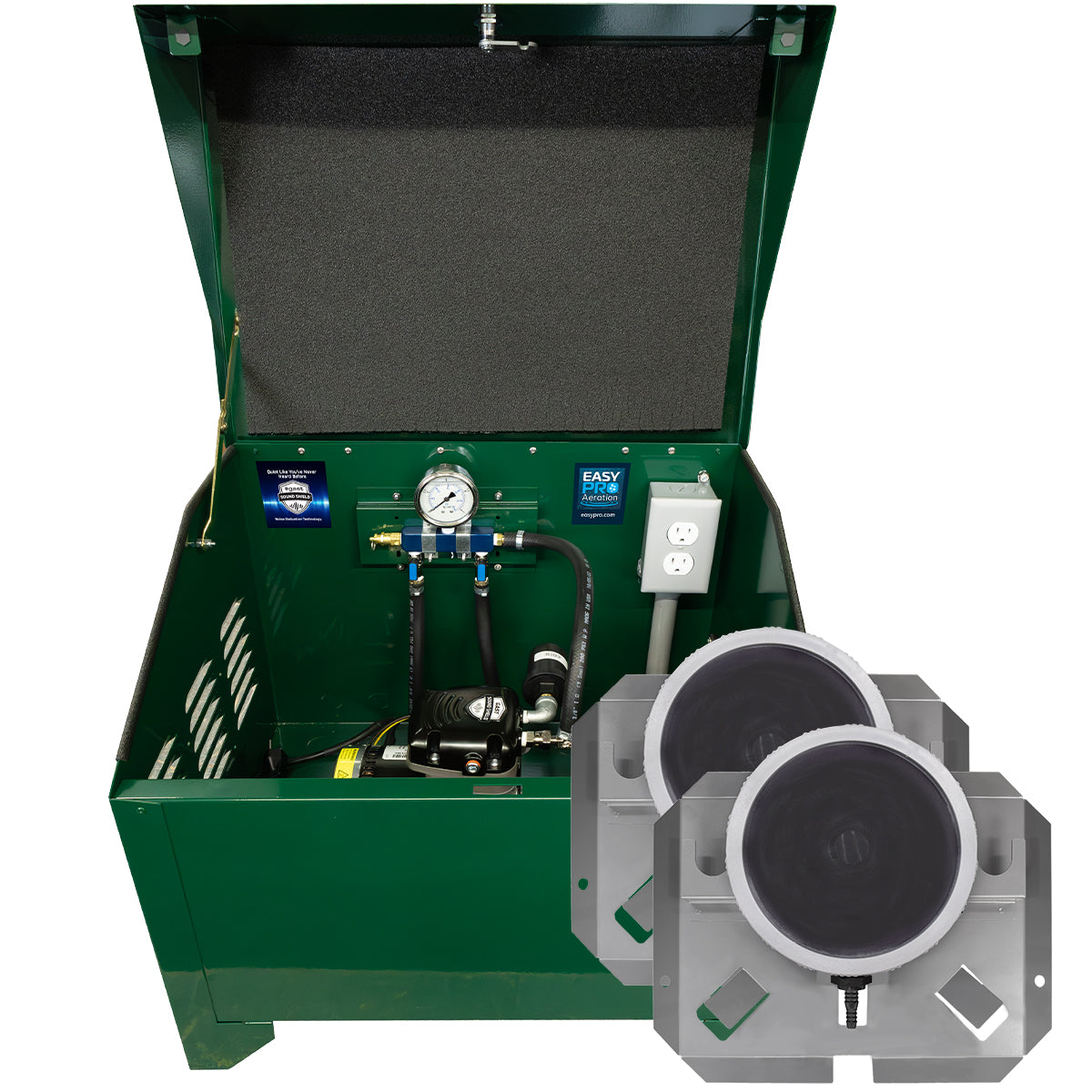 PA34-2D Sentinel Deluxe Aeration System for Ponds up to 1 Acre – Complete System Contains Stratus™ SRC 1/4hp Compressor with Sound Shield™, Deluxe 22" Cabinet and Two QS1 Diffusers