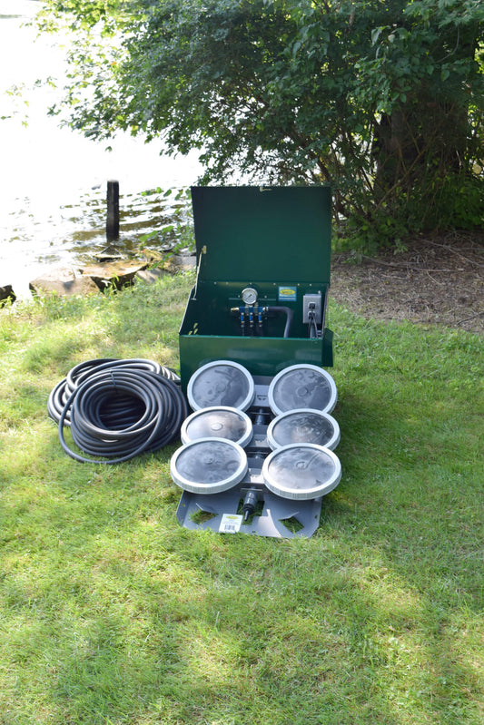 PA66D Sentinel Deluxe Aeration System for Ponds up to 2 Acres – Complete System Contains Stratus™ SRC 1/2hp Compressor with Sound Shield™, Deluxe 22" Cabinet, Three QS2 Diffusers and QuickSink Tubing