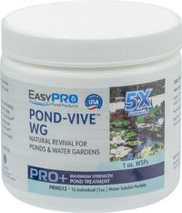Container of EasyPro Pond-Vive WG beneficial bacteria water soluble packs for ponds and water gardens with a white lid.