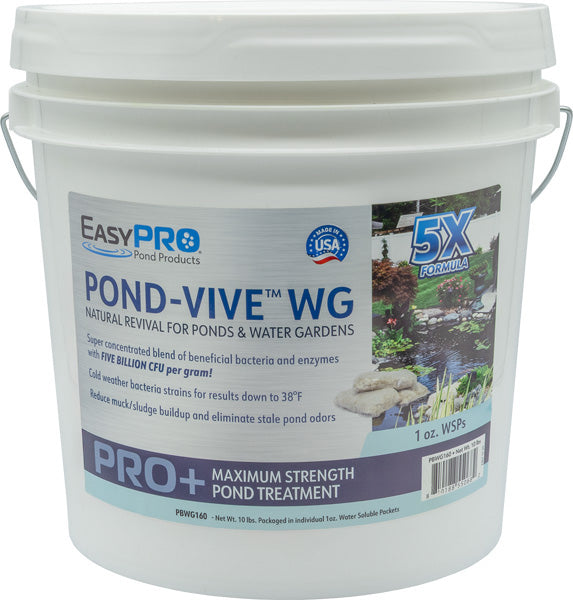 White bucket of EasyPro Pond-Vive WG beneficial bacteria for pond and water garden treatment with label on a white background