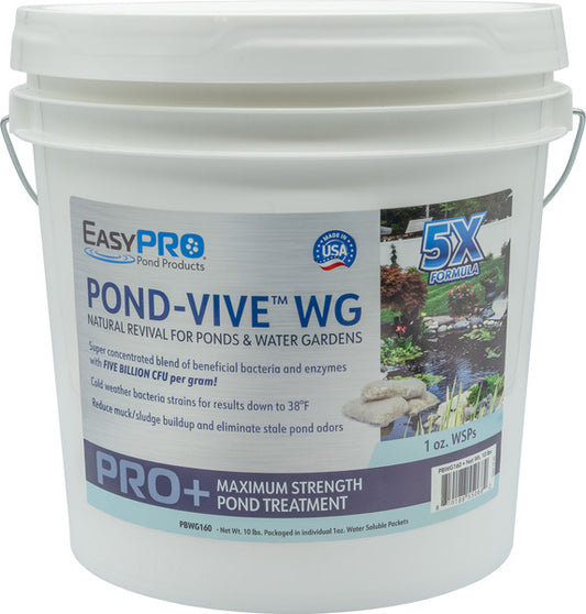 White bucket of EasyPro Pond-Vive WG beneficial bacteria for pond and water garden treatment with label on a white background