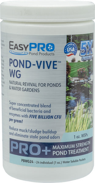 Container of EasyPro Pond-Vive WG for pond and water garden treatment with text and branding.
