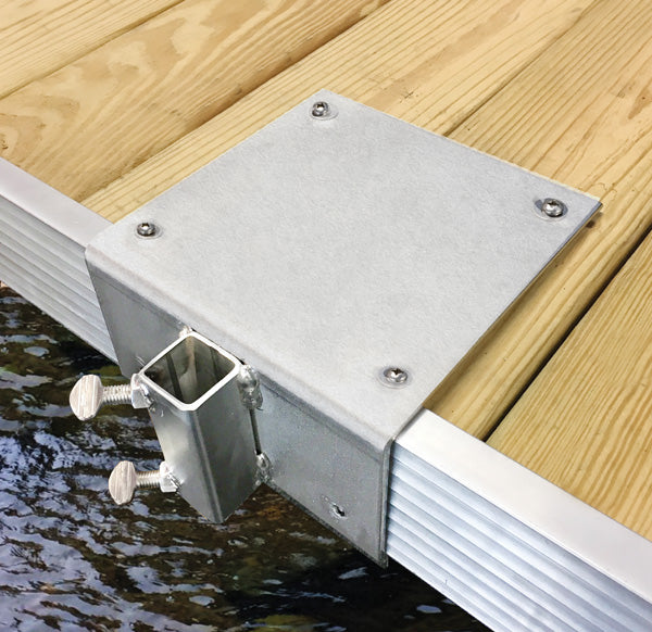 Scott Aerator AquaSweep Muck Blaster dock mounting bracket secured to a wooden dock for water circulator installation