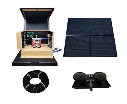 turbo air solar aeration system with solar panel components including a solar panel, battery box, cable, and connectors on a white background.