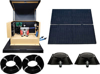 turbo air solar aeration system with Solar panel system with battery box, cables, and mounting brackets on a white background