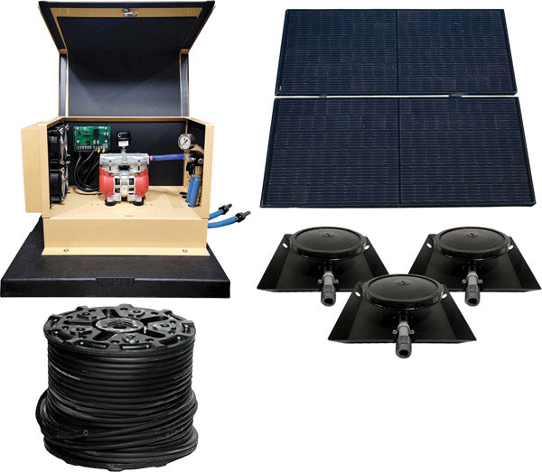 turbo air solar aeration system with solar panels, pump, and irrigation components on a white background