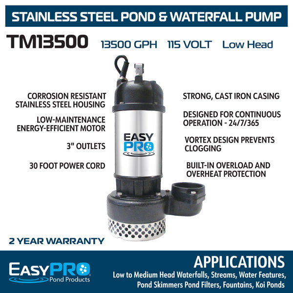 EasyPro TM13500 pump infographic on white background with features and applications
