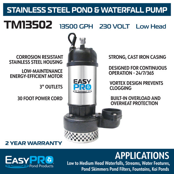 EasyPro TM13502 pump infographic on white background with features and applications