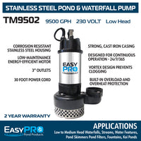 EasyPro TM9502 pump infographic on white background with features and applications